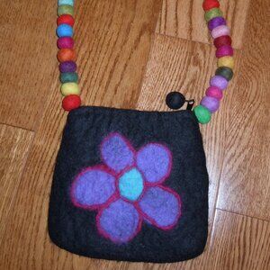 RISING TIDE 100% WOOL HANDBAG W/FLOWER MADE IN NEPAL POM POM STRAP ZIPPER *NEW
